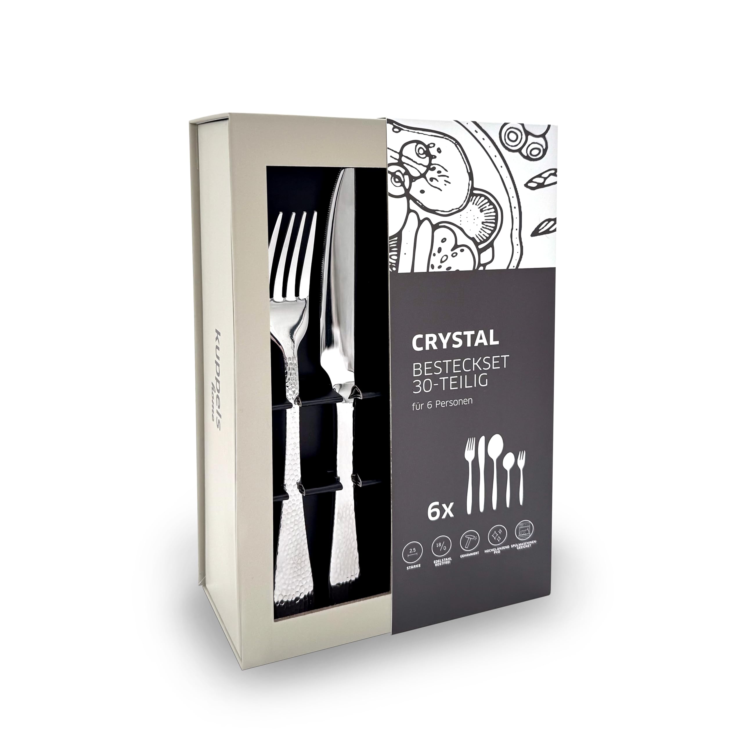 Kuppels CRYSTAL Besteck Set 30-tlg, 6 Personen, Hammerschlagoptik | rostfrei, spülmaschinenfest, poliert, 18/0 Edelstahl, Menümesser, Menügabel, Kaffeelöffel, Kuchengabel