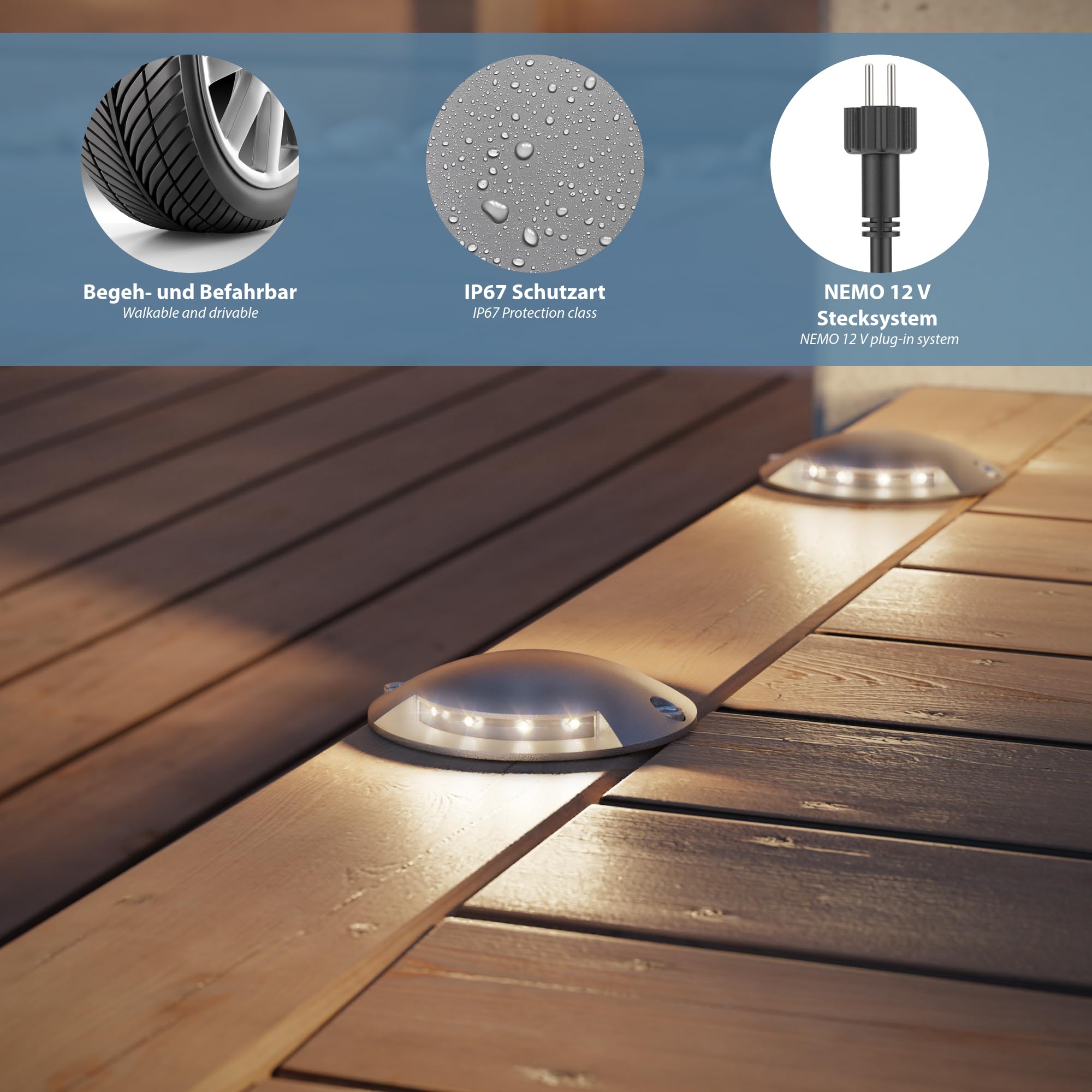 ledscom.de Luce di terra a LED, segnavia BUNDA per esterni, IP67, a 2 fiamme, alluminio, rotonda, Ø 70 mm, bianco freddo