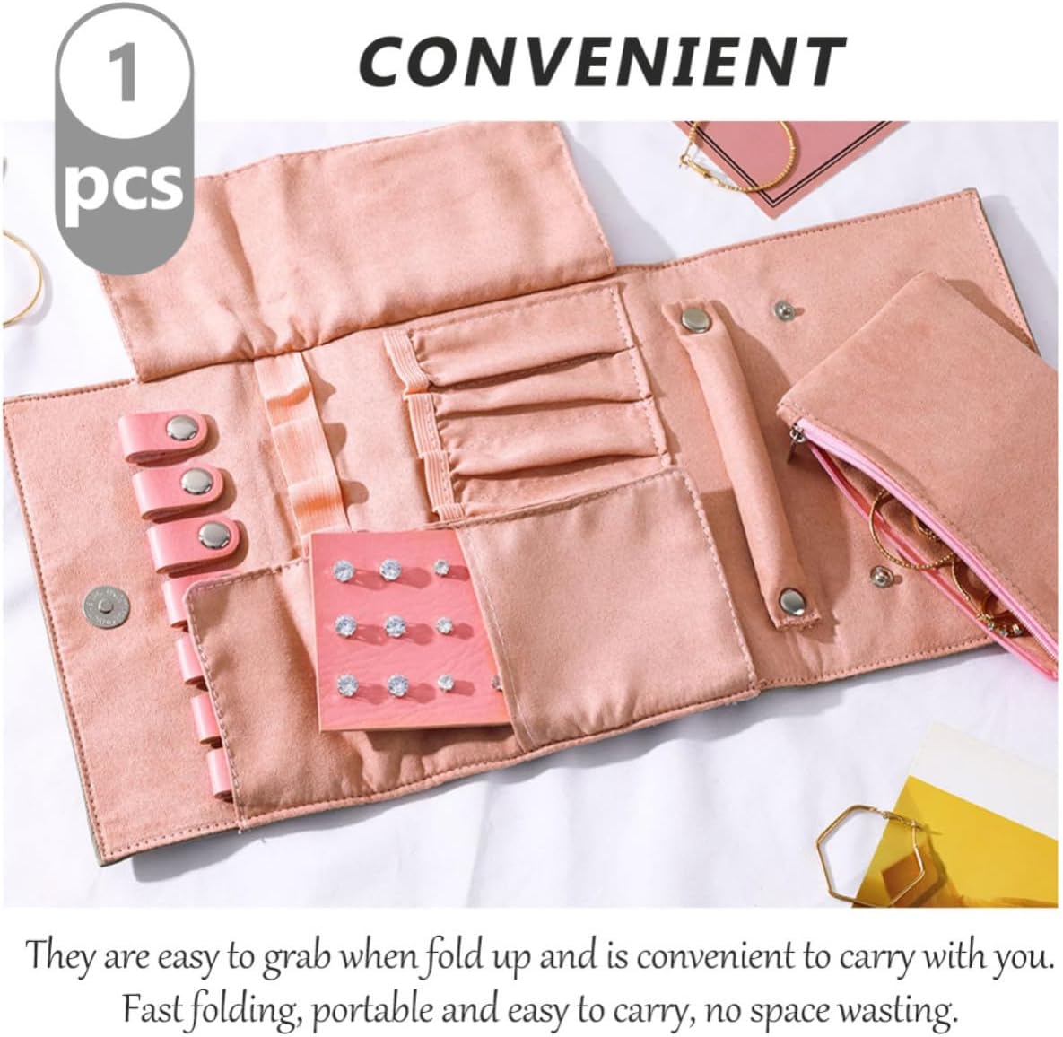 MAGICLULU Multifunction Travel Jewelry Organizer Bag Foldable Jewelry Roll Case with Pu Material and Flocking Interior Portable Pink Storage Bag for Travel and Journey