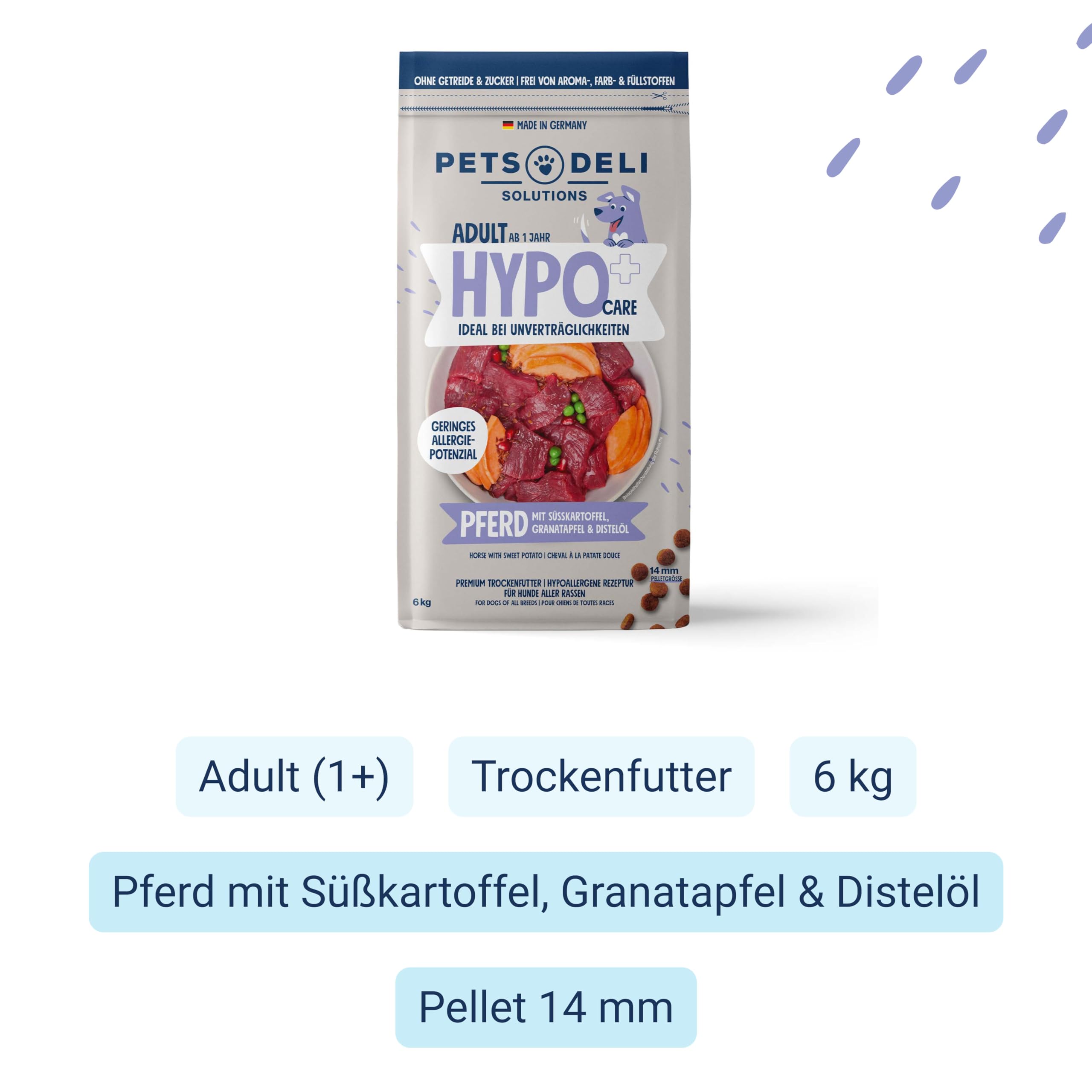 Pets Deli Hypocare Hunde Trockenfutter Pferd & Süßkartoffel, hypoallergen, monoprotein, ideal bei Unverträglichkeiten & Allergien, getreidefrei, ohne Zucker, 6kg, Premium Qualität