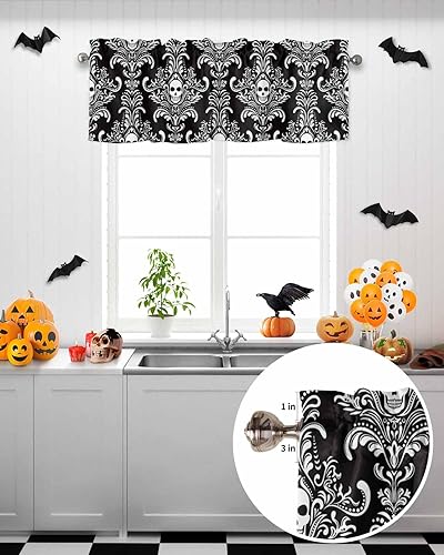 Miniatura 6 de Cenefa de ventana de Halloween, panel de bolsillo para barra de cocina, dormitorio, ventanas, calavera, aterrador, esqueleto, damasco, cenefas de