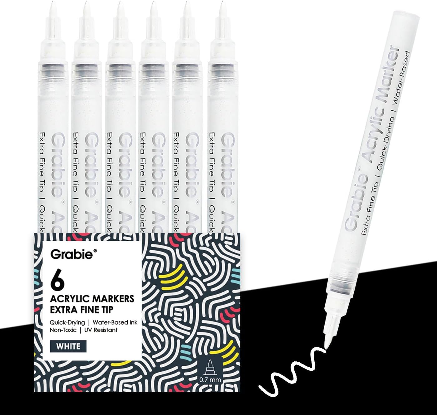 - 6 White Acrylic Paint Markers, 0.7mm Extra Fine Tip Acrylic Paint Pens for Drawing, Coloring Books for Adults