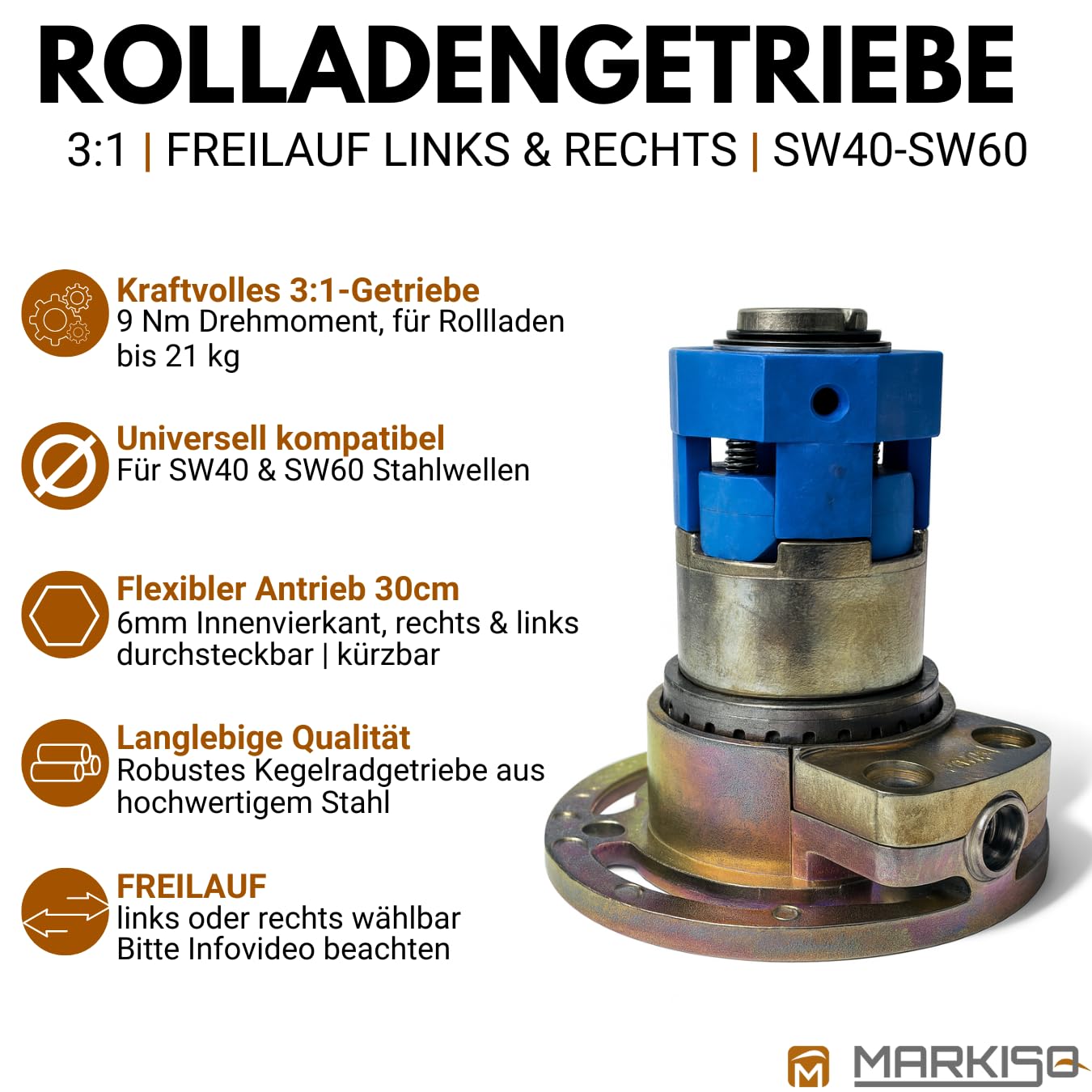 Rolladengetriebe 3:1 – Kurbelgetriebe [Freilauf Links] für SW40 Rollladenwelle – Kegelradgetriebe [Made in Germany] mit 6mm Innenvierkant-Antriebsstab – ®markiso Qualität