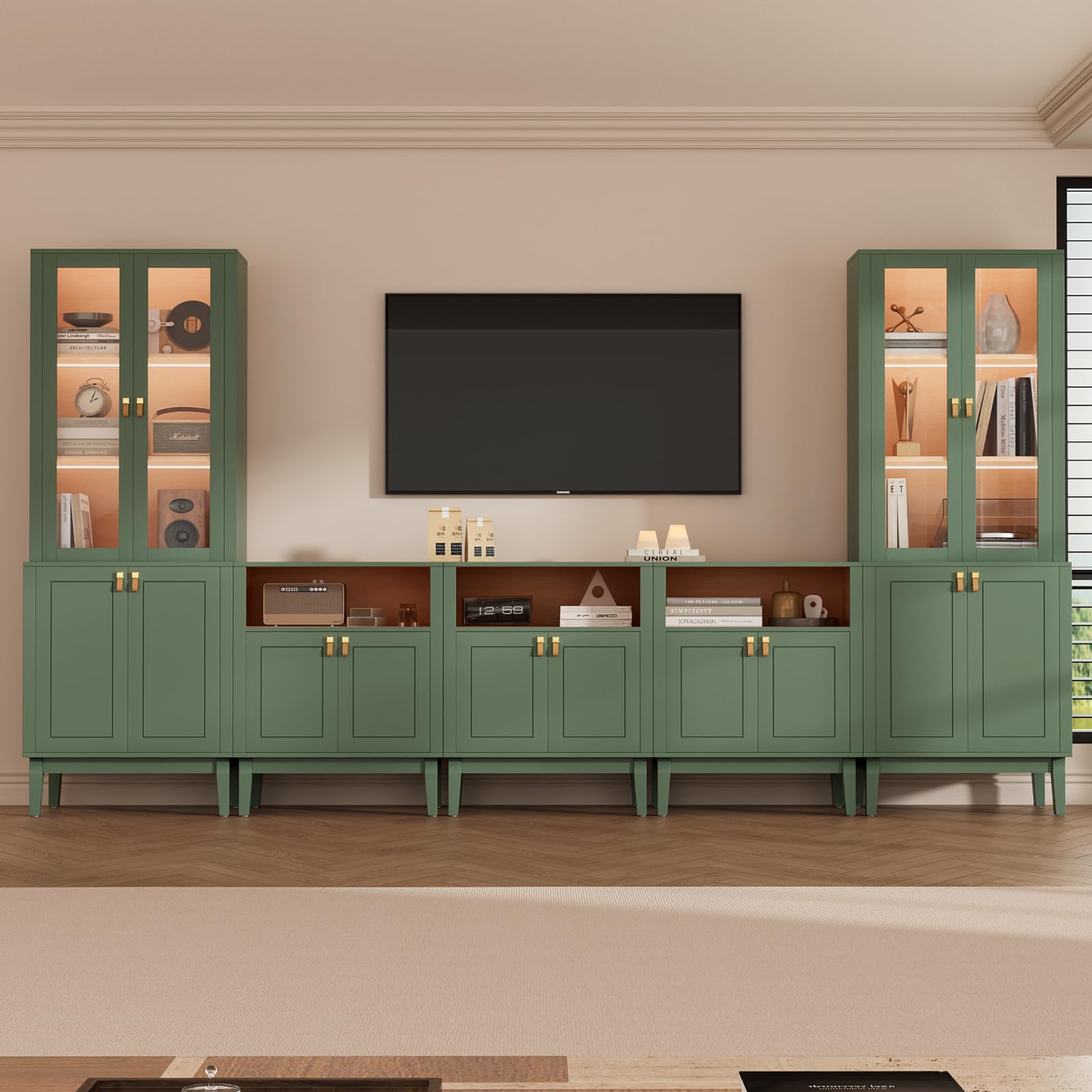 VOWNER Meuble TV Bibliotheque avec LED, 300 cm Grand Meuble Télé avec Portes en Verre pour TV jusqu'à 75 Pouces, Meuble TV Set, Buffet pour Salon, Cuisine, 300 x 180 x 40 cm (Vert, 5PCS)