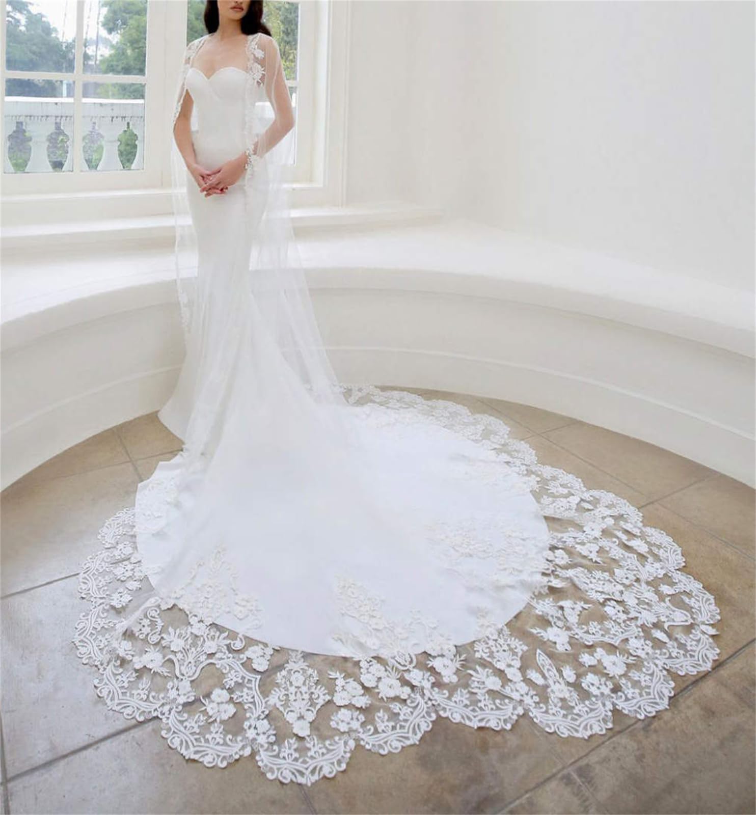 Chal de boda de tul con encaje floral largo largo catedral, capa de novia para novia, 3M, color marfil/blanco