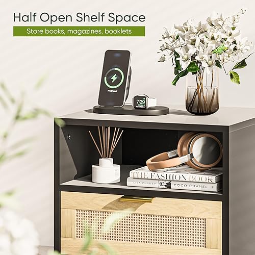 Miniatura 5 de Smart FENDEE Mesita de noche de ratán negro, mesas auxiliares con cajón decorado de ratán hecho a mano, mesita de noche de madera con pies de madera