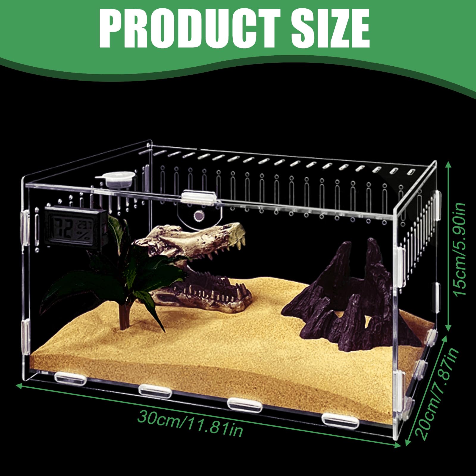 Acryl Terrarium Schnecken Terrarium mit Temperaturhygrometer, 30 * 20 * 15cm für Kinder, Wasserschildkröten, Spinnen & Hamster, Echse