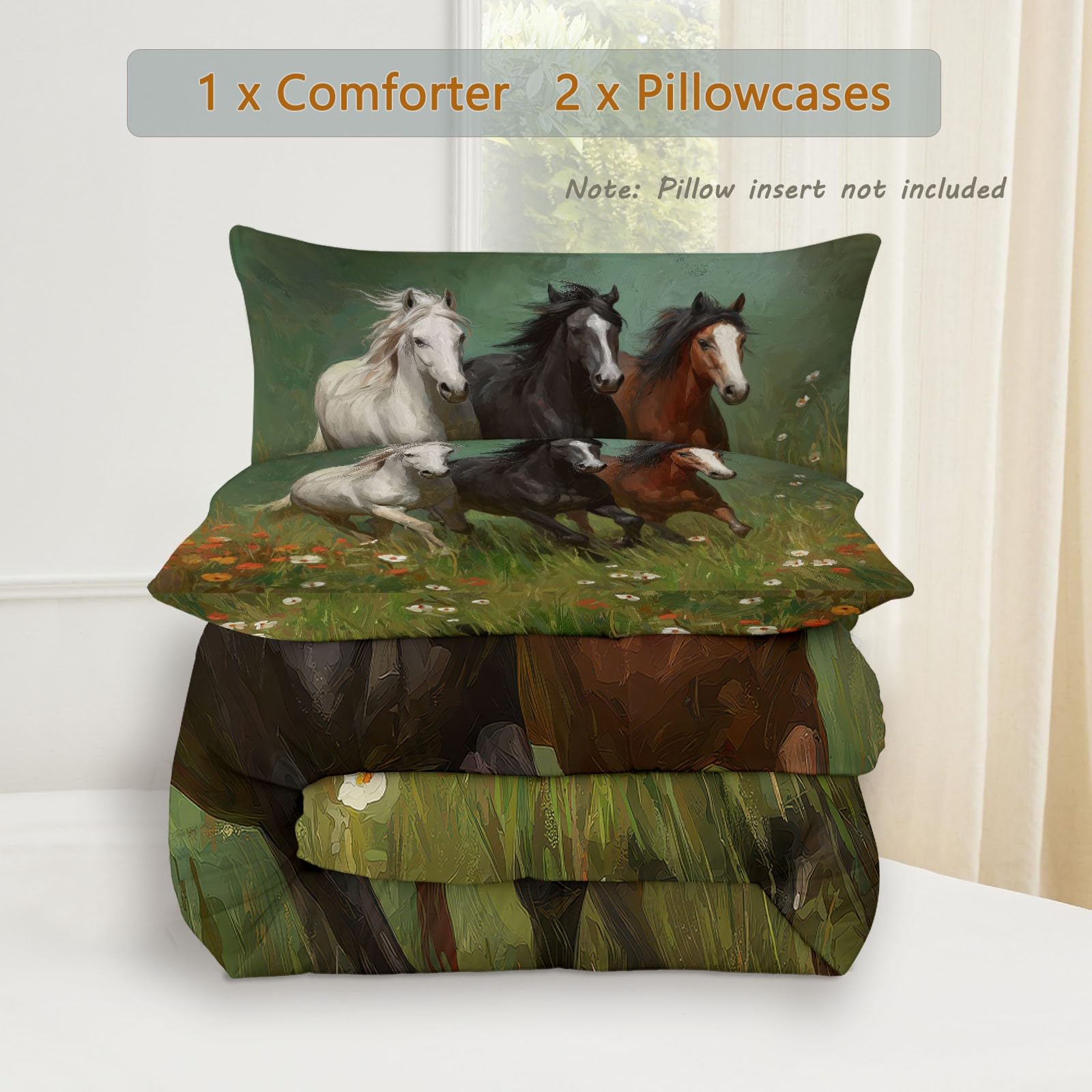 Genérico Edredón Cama Caballo, Animal Natural 240x220 cm, Edredón Reversible Sin Funda - Parure de Cama Tacto Suave, Listo para Usar y Lavado Fácil en Lavadora,Verde
