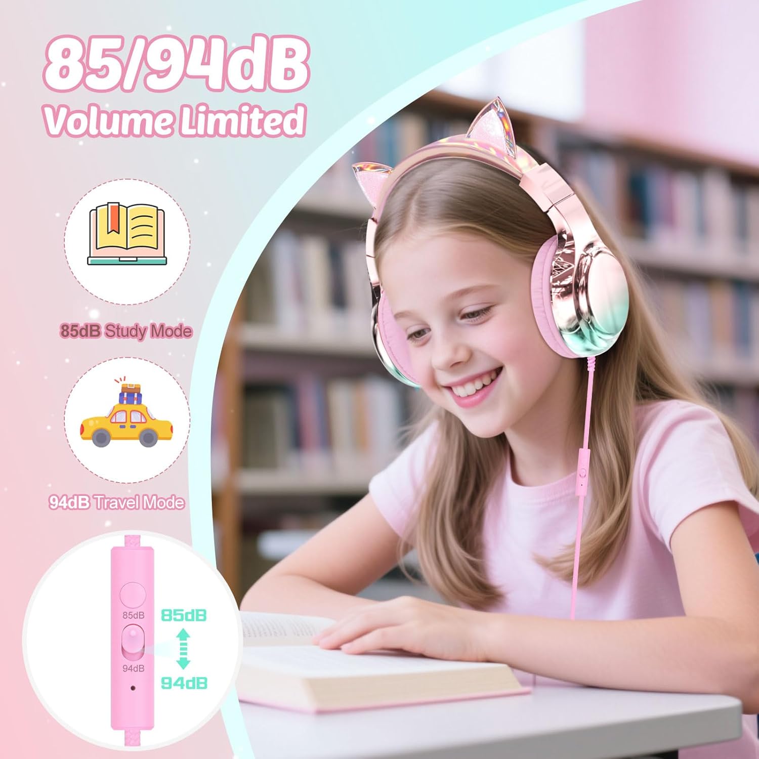 QearFun Kids Cat Ear Headphones with USB C for Girls with Microphone, 85/94dB Safe Volume Limiter, Tangle-Free Cord, Share Port, Foldable Sparkly Wired Headset for School, Travel, Tablet, iPad