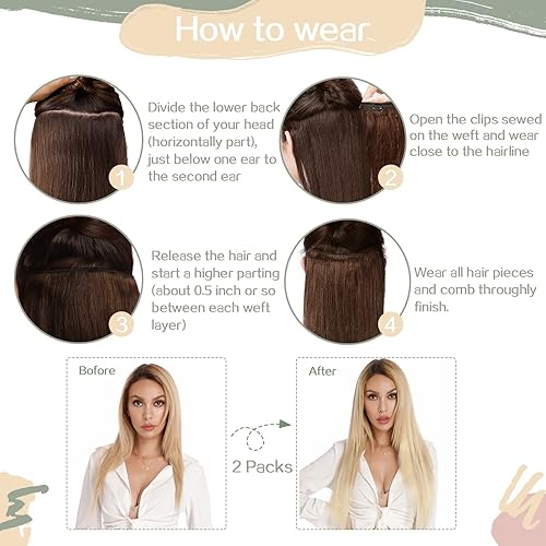 Miniatura 6 de S-noilite Extensiones de cabello humano con pinzas, balayage, grueso, doble trama, 100% cabello humano real, cabeza completa, 8 piezas, 18 clips,