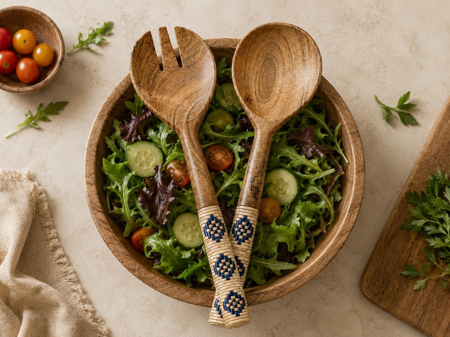 Handmade Acacia Wood Salad Server Set with Handwoven Rattan Handles – Wooden Serving Spoon & Fork Utensils for Salad, Pasta, Fruit & Kitchen Serving.