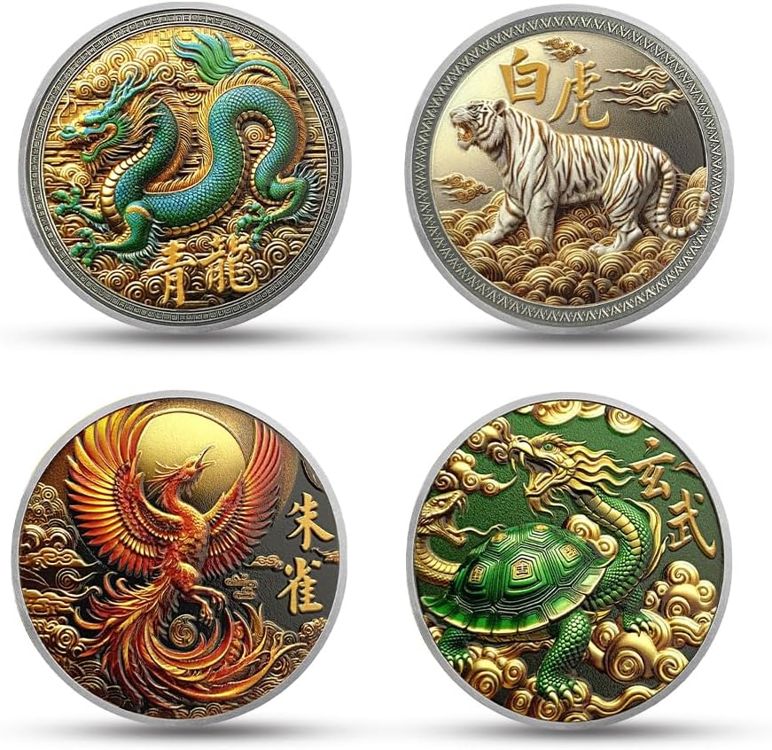 4 Pcs Four Mythical Beasts Challenge Coin Ancient Chinese Mythological Creature Lucky Coins Tai Chi Bagua i Ching Coins