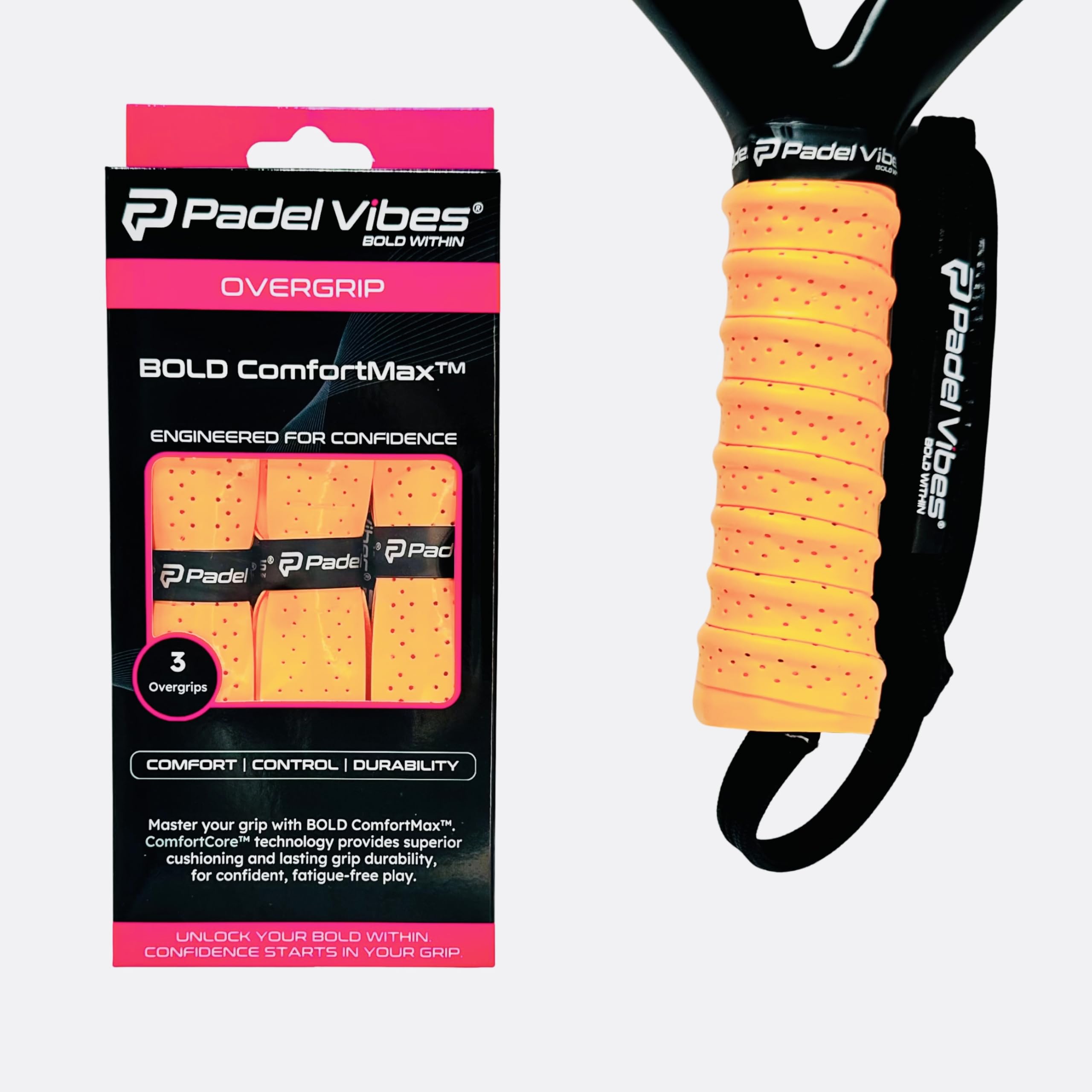 Padel Vibes® BOLD ComfortMax™ Overgrip | Perforated, Ergonomic Overgrips for Padel, Tennis, Badminton, Squash, Racketball | Sweat-Absorbing, Anti-Slip, Durable (Neon Orange | 3-Pack)