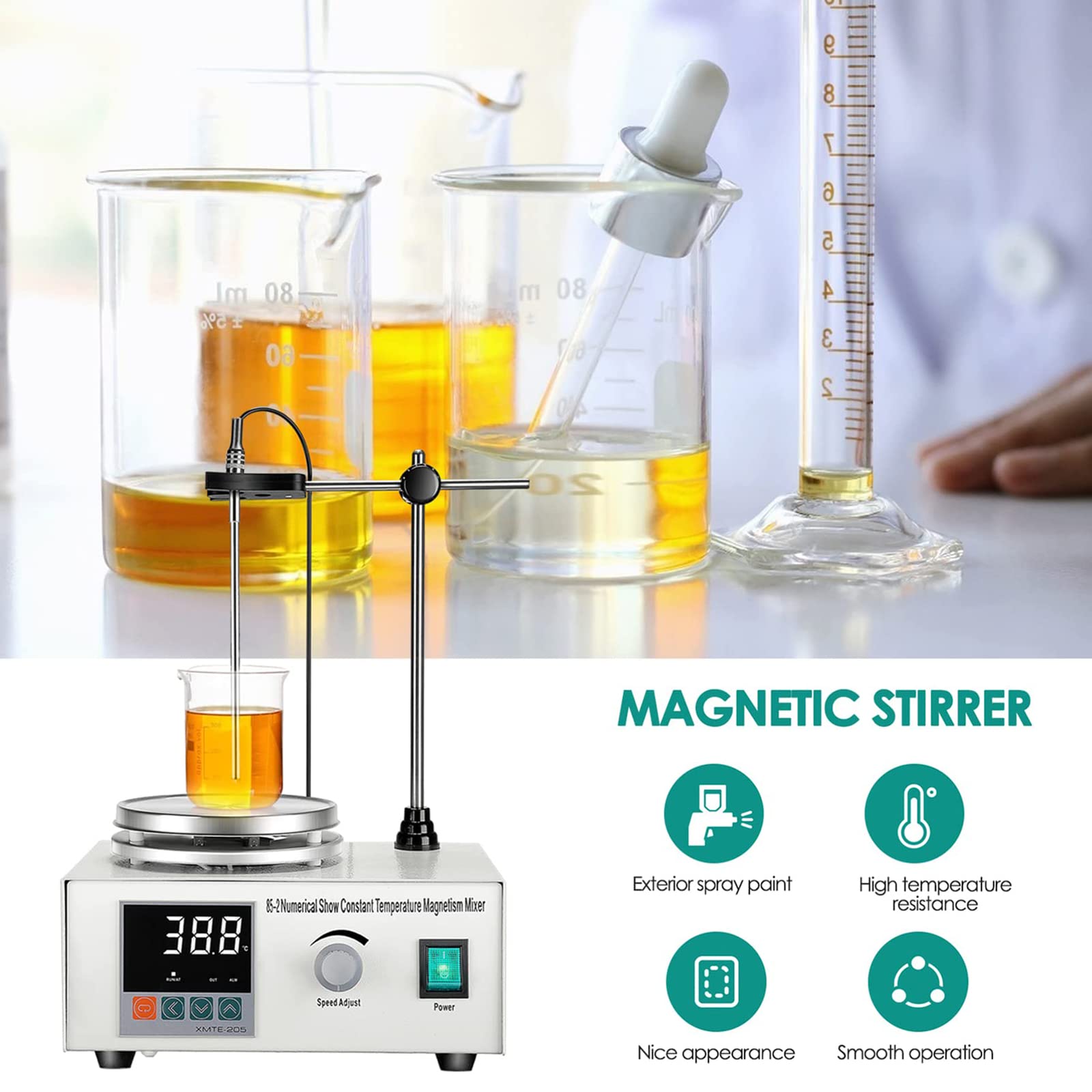 Agitador magnético de placa caliente, agitador magnético de 1000 ml con pantalla digital de temperatura y ajuste de velocidad, agitador de laboratorio con barra de agitación, 210 °C 1500 RPM digital
