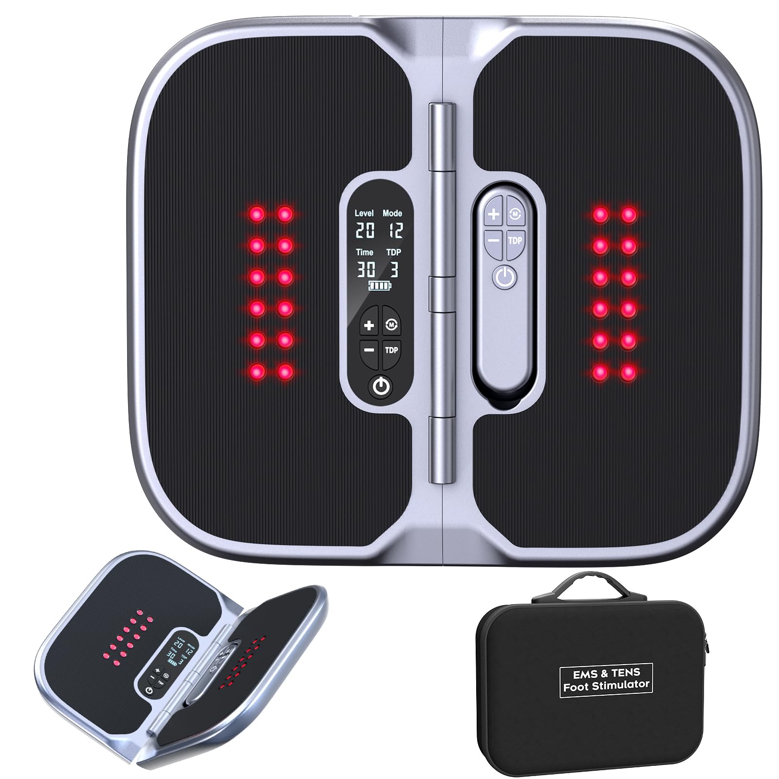 Medic Durchblutungs-Stimulator Beine & Füße mit Rotlichttherapie(660+850NM), EMS Fußmassagegerät mit Doppelter Physiotherapie, Mit magnetischem Fernbedienung und beiliegender Tragetasche