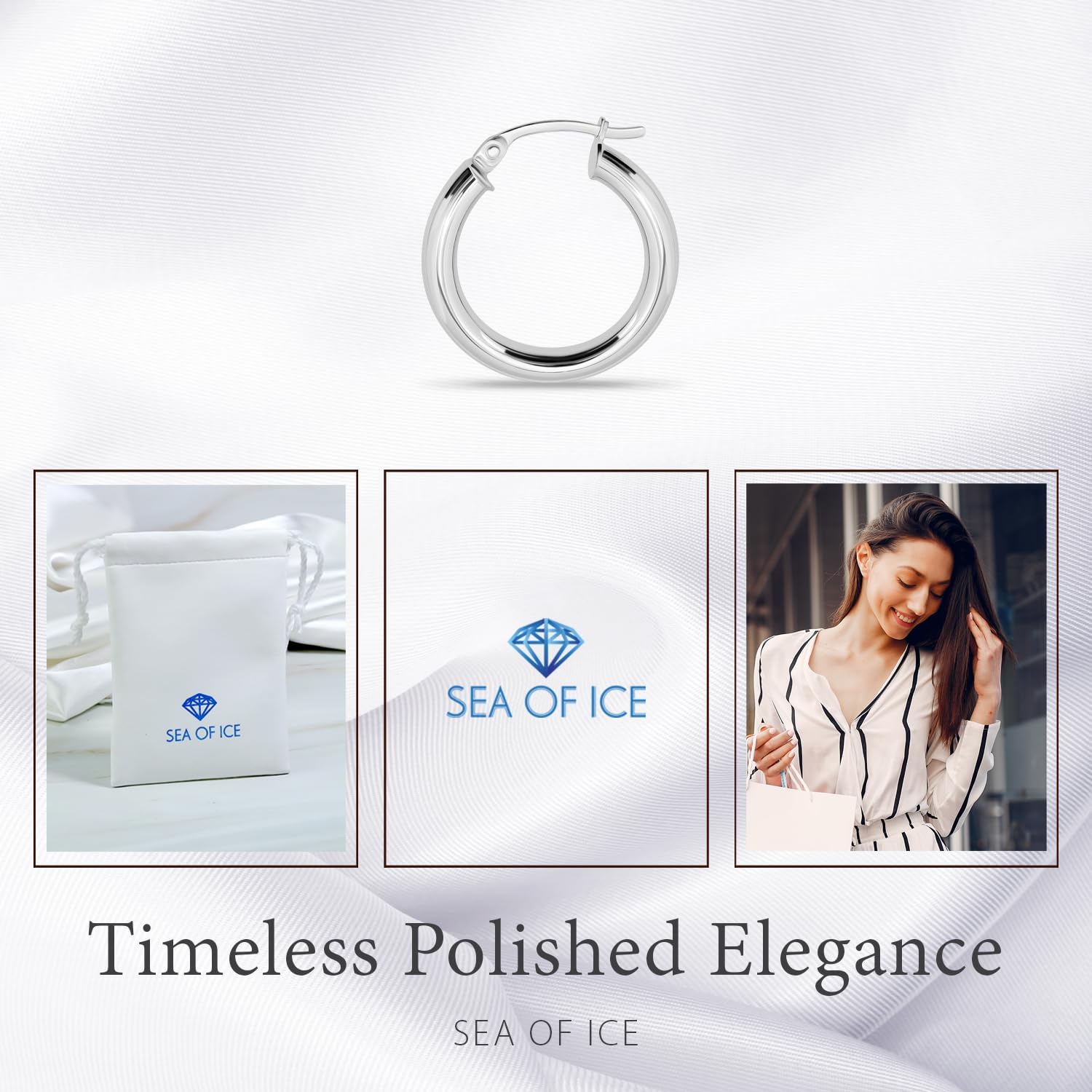 Sterling Silver Polished Finish Round-Tube Hoop Earrings 3mm Wide 15mm-30mm Diameter - Image 6