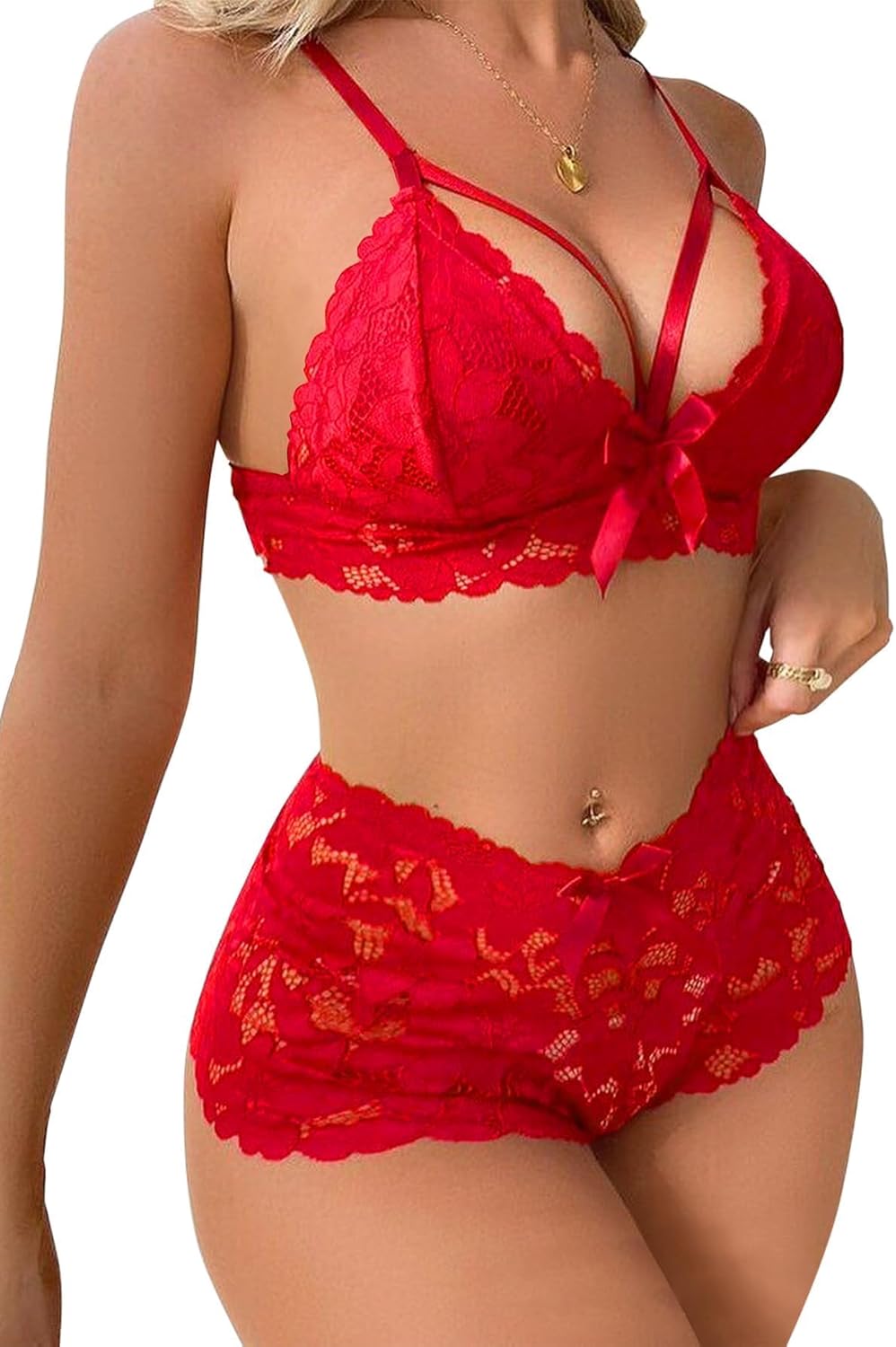 Lilosy Sexy Strappy High Waist Floral Lace Pajamas Lingerie Set Outfits - Image 4