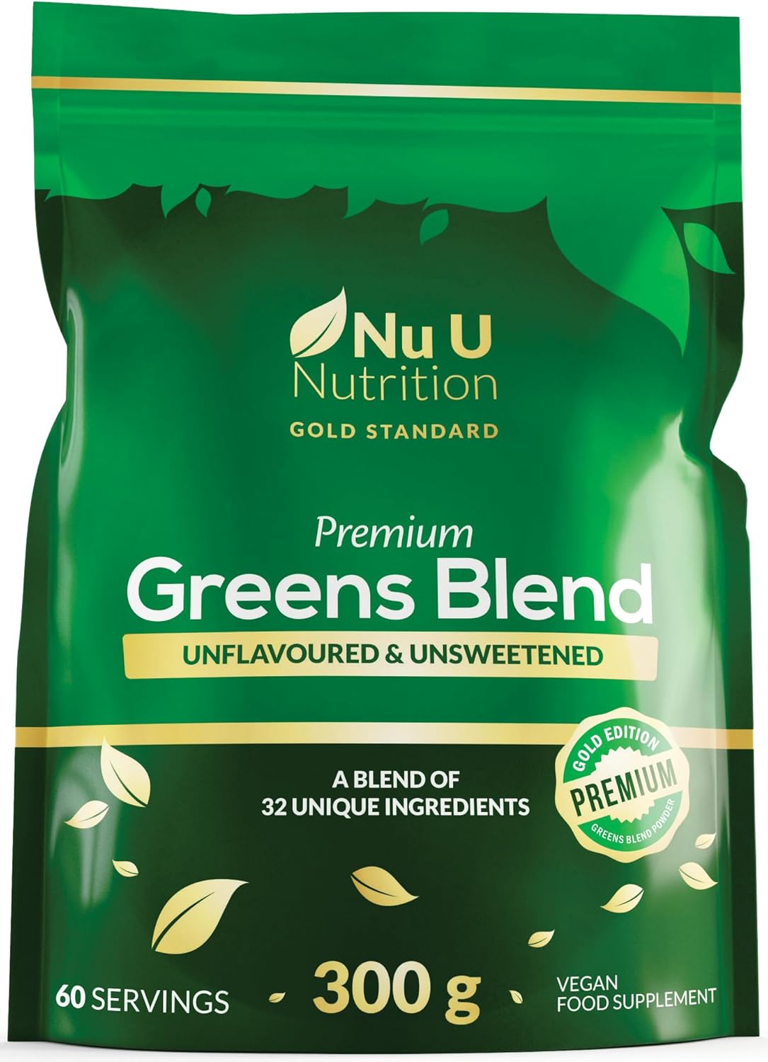 Nu U Nutrition – Premium Greens Powder 300g – 32 Active Ingredients – 60 Servings – Ashwagandha KSM-66®, Matcha, Digestive Enzymes, Probiotics & Electrolytes – Unflavoured, Unsweetened, Vegan