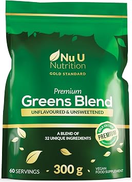 Nu U Nutrition - Premium Greens Powder 300g - 32 Active Ingredients - 60 Servings - Ashwagandha KSM-66 , Matcha, Digestive Enzymes, Probiotics & Electrolytes - Unflavoured, Unsweetened, Vegan