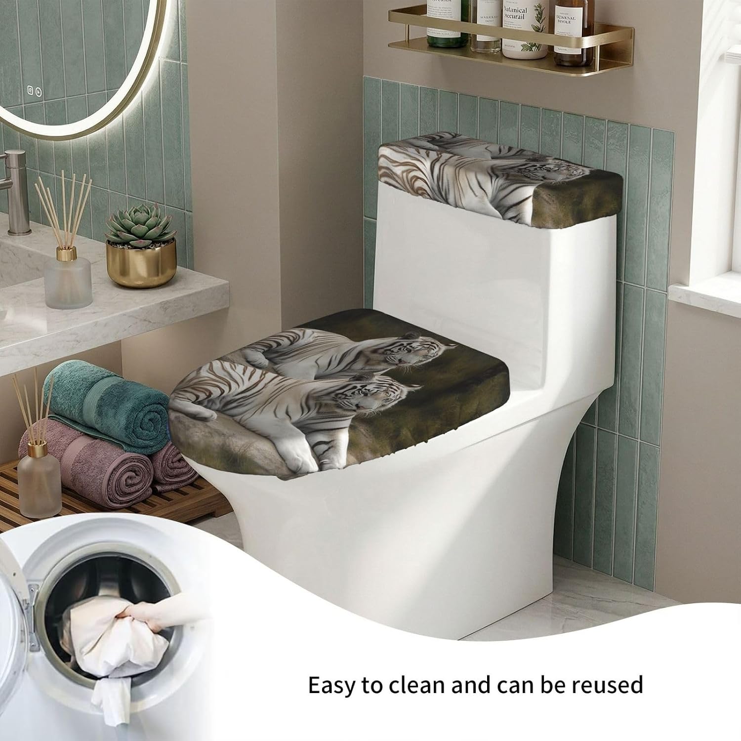 White Tigers Toilet Tank Cover And Toilet Lid Cover Set Stretch Bathroom Toilet Lid Seat Cover