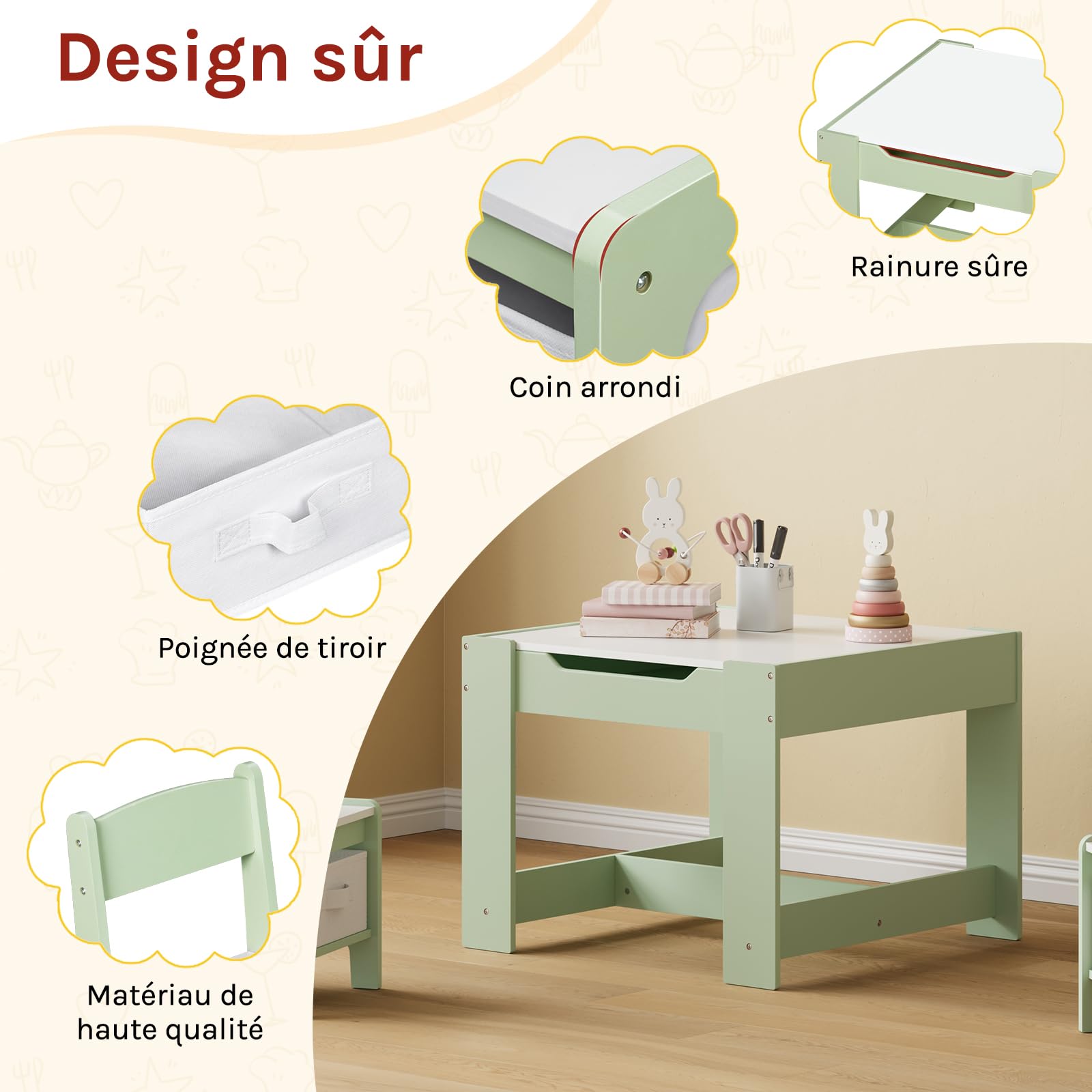 WOLTU Table et 2 Chaises pour Enfants, Mobilier pour Crèche avec Rangement, Plateau de Table Réversible,pour Enfants Plus de 2 Ans, en Bois MDF, Vert et Blanc