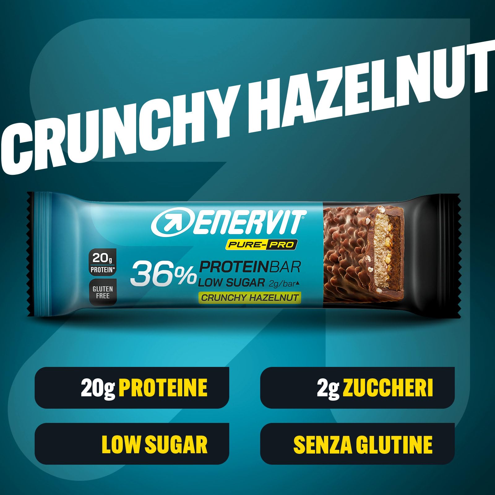 Enervit Pure-Pro Protein Bar 36% Hazelnut, Barrette Proteiche con Copertura Croccante, 20g di Proteine, Carica Proteica Post Allenamento, Senza Glutine e Senza Zucchero, 25 Barrette da 55g