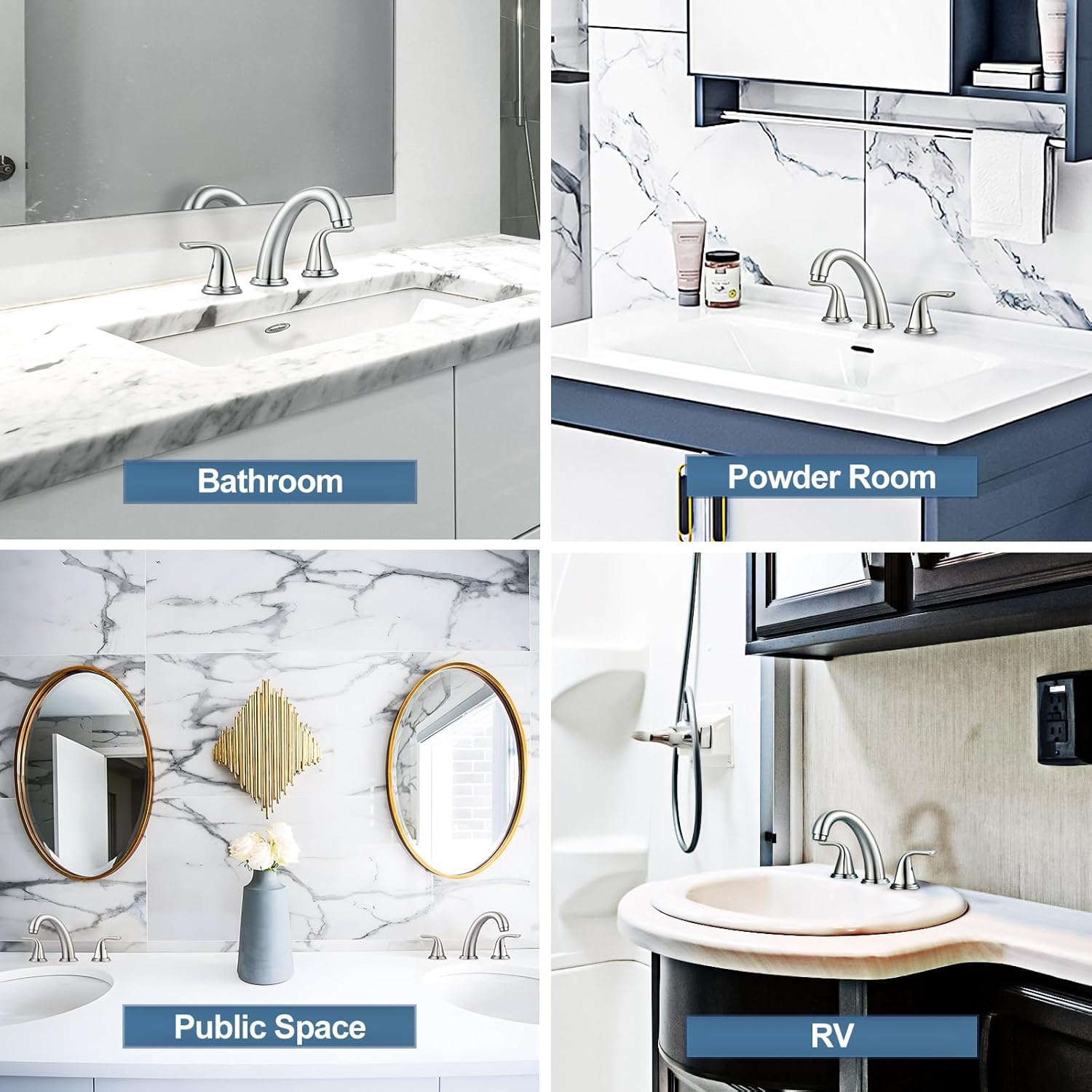 Image demonstrating the 90-degree rotation for hot and cold water control on the ALEASHA Widespread Bathroom Faucet handles, with red for hot and blue for cold.