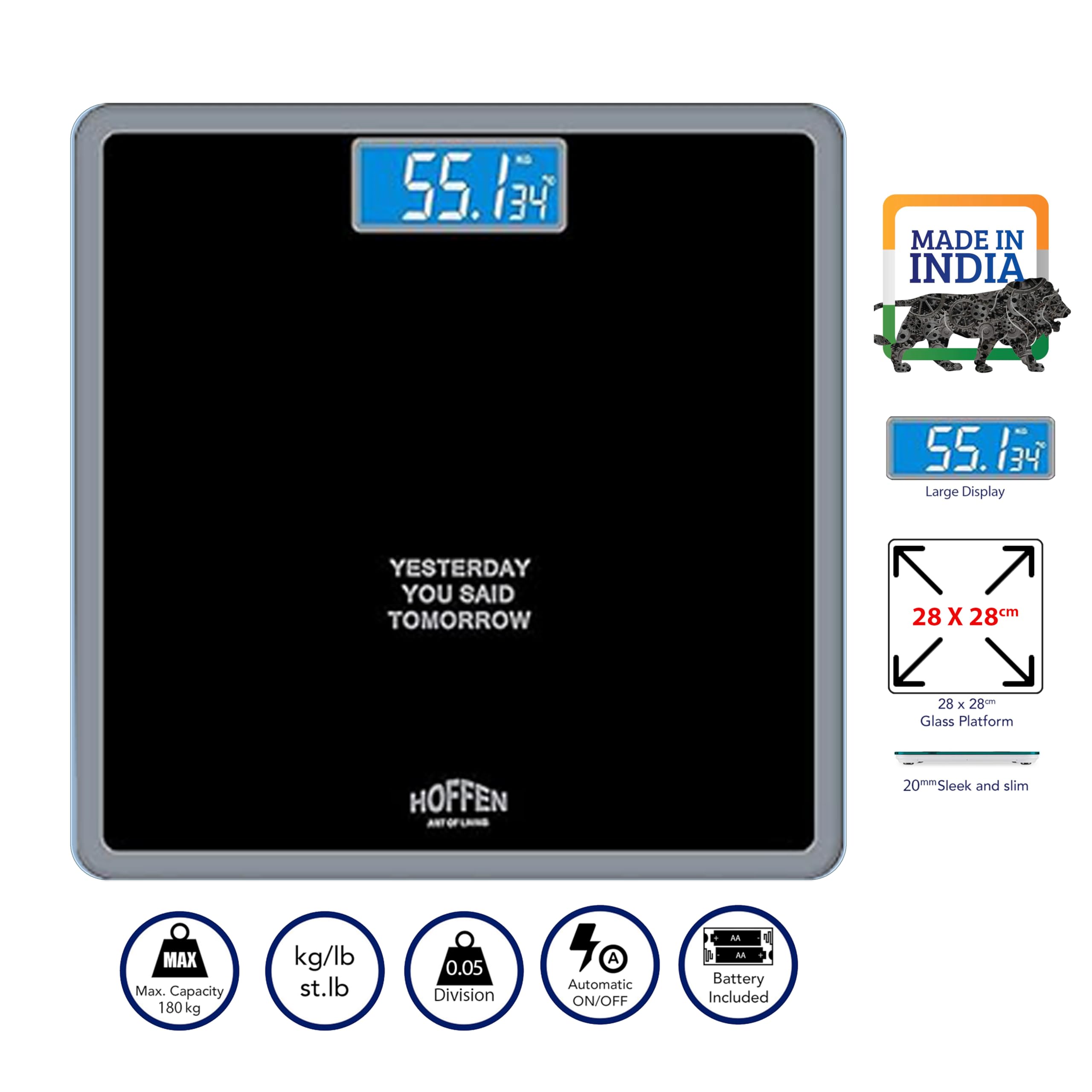 Hoffen Thick Tempered Glass Digital Electronic LCD Personal Weight Machine for Body Weight Fitness (HO-18-Black) with Two Years Warranty - Image 2 thumbnail