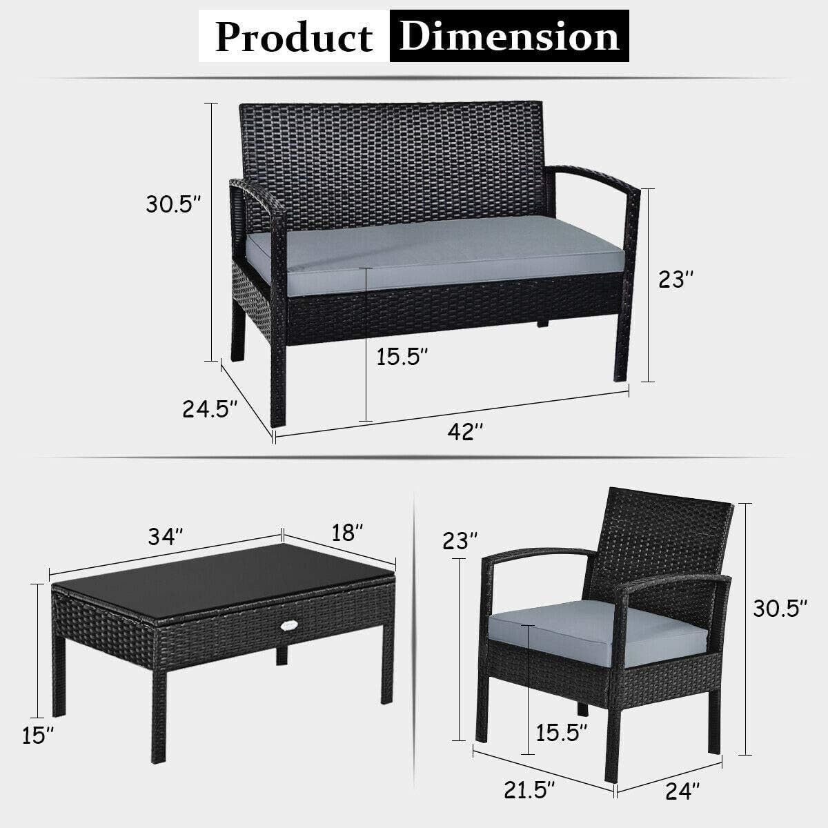 HAPPYGRILL 4-Piece Patio Furniture Set Rattan Wicker Sofa & Coffee Table Outdoor Conversation Set for Patio Garden Poolside