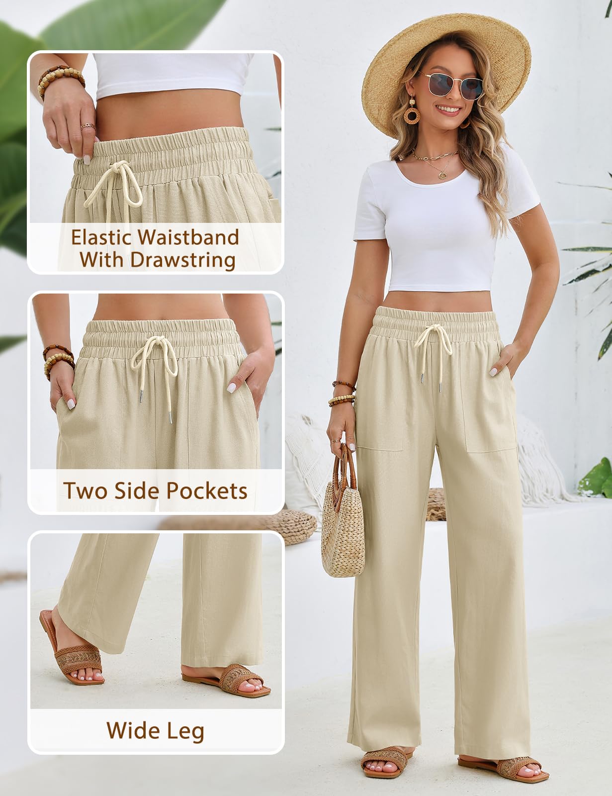 Pantalon Femme Fluide Été Pantalons Lin Taille Haute Elastique Pantacourt Léger Ample Jogging Décontractée Large avec Cordon de Serrage Longueur Pants Chic et Elegant avec Poches