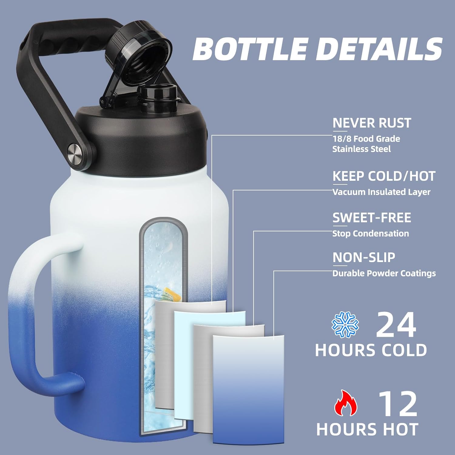 BJPKPK 64oz Insulated Water Bottle with Handle, Large Dishwasher Safe Half Gallon Water Bottle, BPA Free Water Jug, Wide Mouth Metal Flasks with Anti-slip Bottom, Keep Cold & Hot, Sky - Image 2
