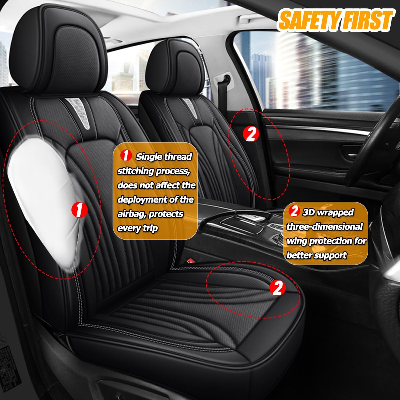 Car Seat Covers for 2 Seats - Nappa Leather 3D Foam Back Support, Super Breathable, All Season Car Seat Cushion with Storage Bags, Universal Fit for Most Cars, Colour- Black image 2
