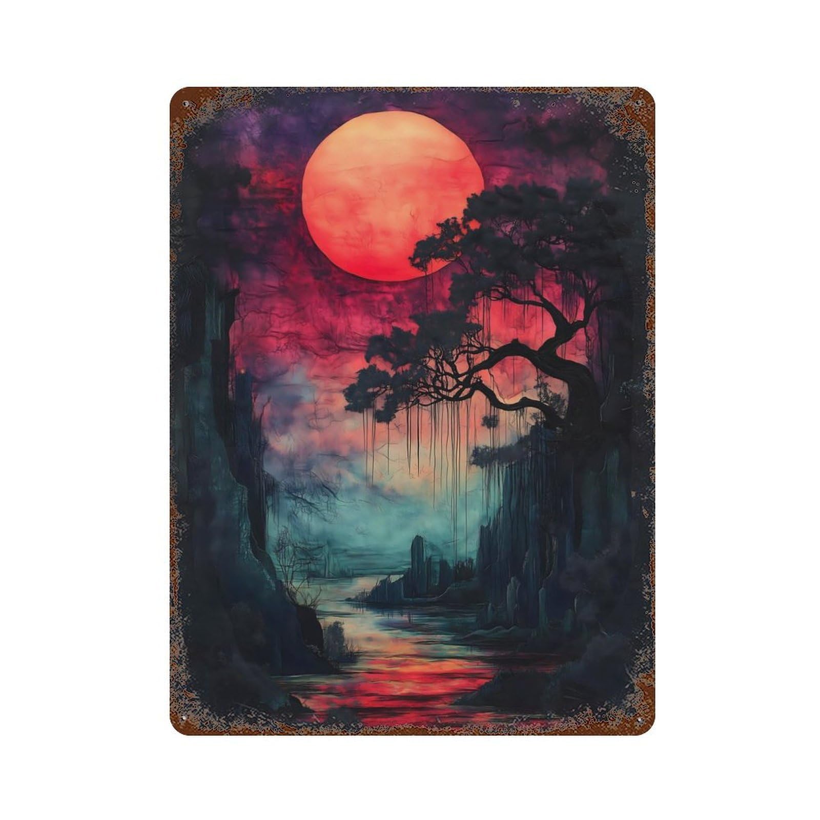 Bloodmoon River Sunset Aged Metal Wall Plaque 15.7"x11.8", Decorative Metal Wall Art for Garage, Pub Or Kitchen