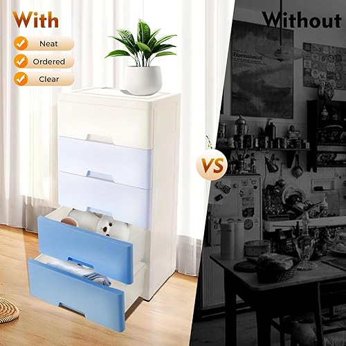 Miniatura 6 de Cajones de plástico, armario de almacenamiento, torre vertical apilable de almacenamiento de ropa de 5 cajones, armario alto y pequeño para