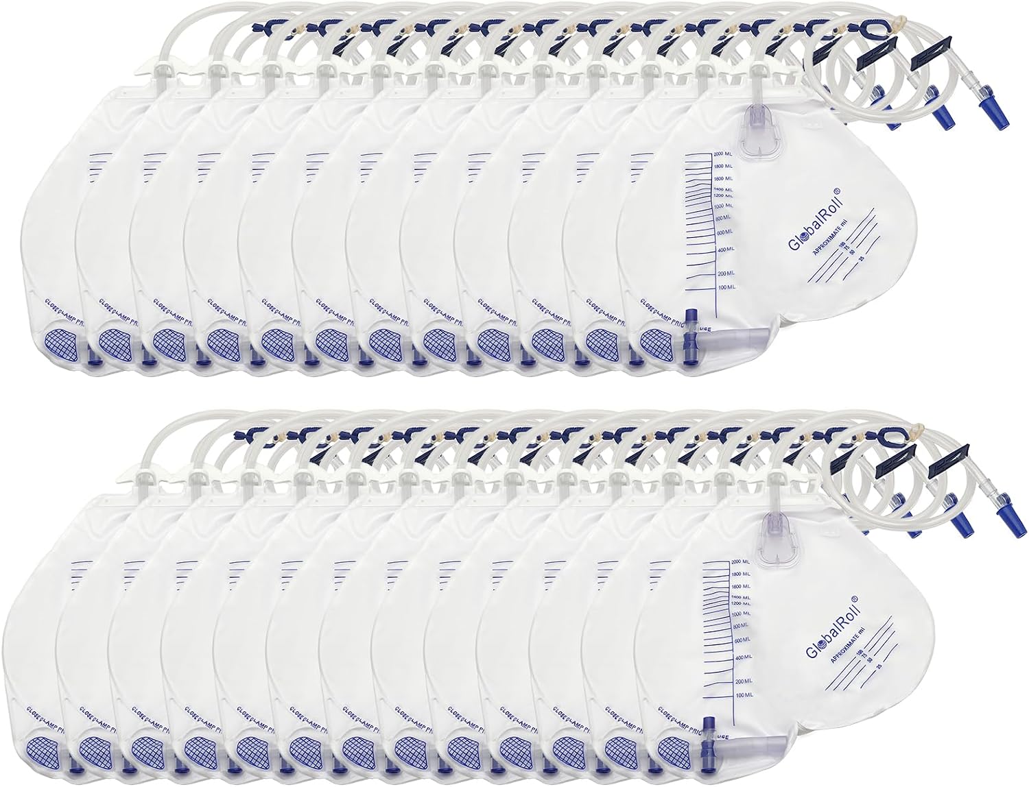 Urinary Drainage Bag with Anti-Reflux Chamber, Urine Bag with 2000 mL Volume, 48" Drainage Tube, Clips and Hanging Hook, Professional Urinary Bag for Home and Hospitals Health Aids, 5 Pack
