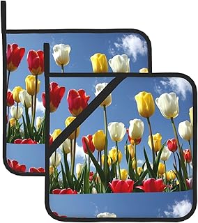 Tulip Field printing Square pot mat two-piece set, insulated, thickened, waterproof, easy to clean