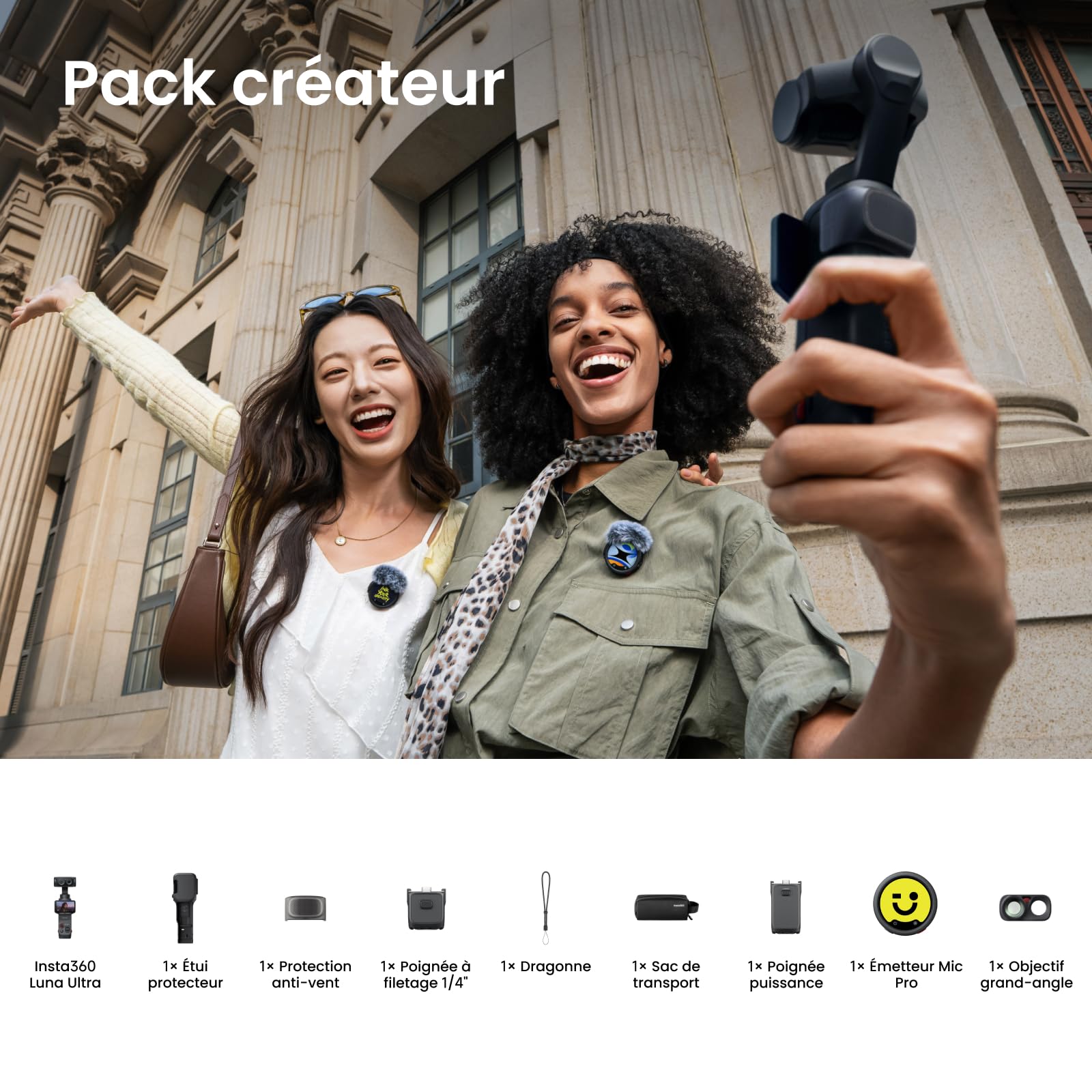 Insta360 Luna Ultra Pack Créateur Caméra de Vlogging 8K Deux objectifs Leica Zoom 12× Capteur 1" Écran Tactile 2" Triple Puce IA