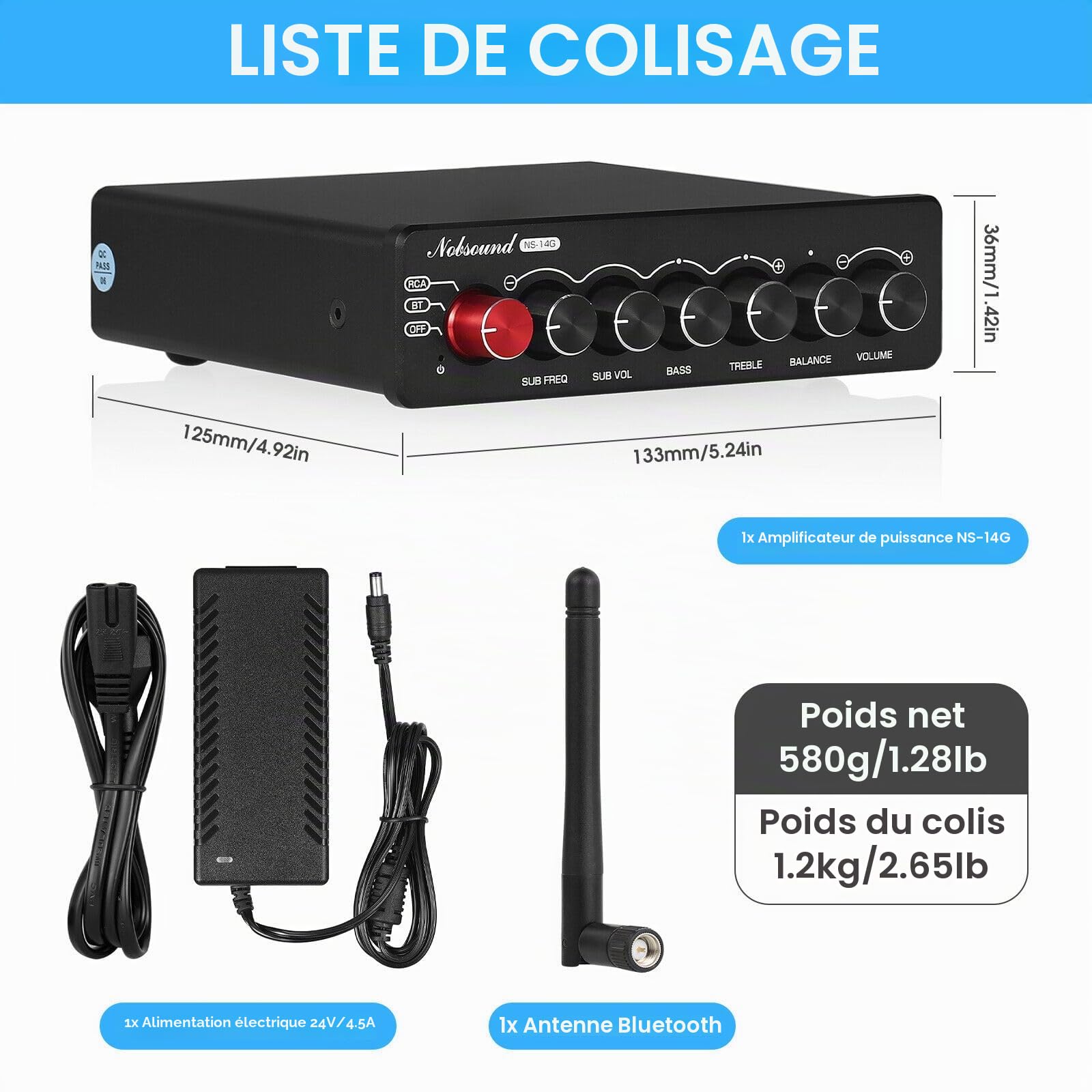 Nobsound NS-14G Bluetooth 5.0 HiFi Stéréo 200W 2.1 Channel Subwoofer Power Amplifier Audio Amplifier Treble Bass Control Home Speaker Car Audio with Power Supply Digital Amplificateur