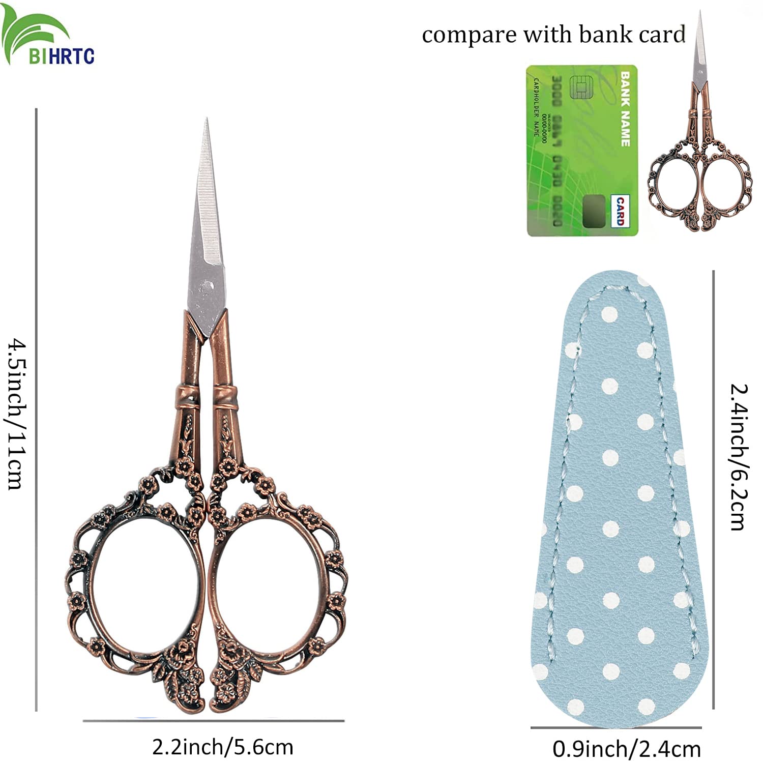 BIHRTC 4.5 Inch Small Embroidery Scissors - Sharp Pointed Tip Detail Shears With Leather Cover (for Sewing, Craft, Needlework) - View #3