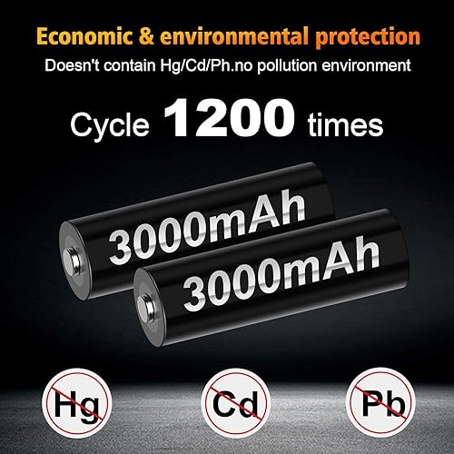 Miniatura 4 de Tenberly Paquete de 8 pilas recargables AA AAA con 4 paquetes de baterías recargables AA de 3000 mAh y 4 paquetes de baterías recargables AAA de