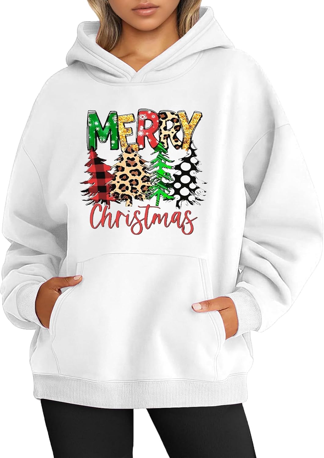 Christmas Sweatshirts for Women Merry Christmas Graphic Oversized Fleece Hoodies Xmas Holiday Sweater with Pocket