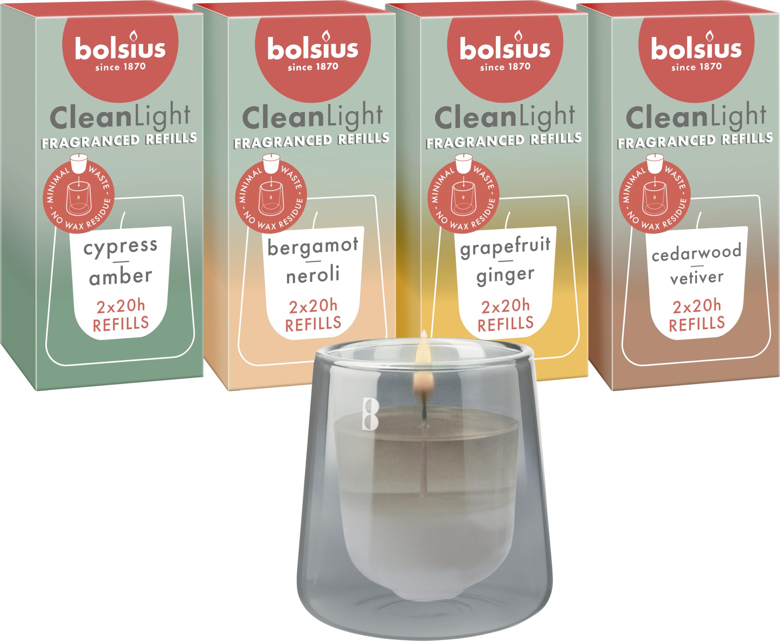 Bolsius - CleanLight Zestaw Startowy – Wkładana Świeca Zapachowa – Uchwyt i 9 Wkładów – Różne Zapachy – Szary – Czas Palenia 20 Godzin – Zawiera Naturalny Wosk Roślinny – Zrównoważona Koncepcja