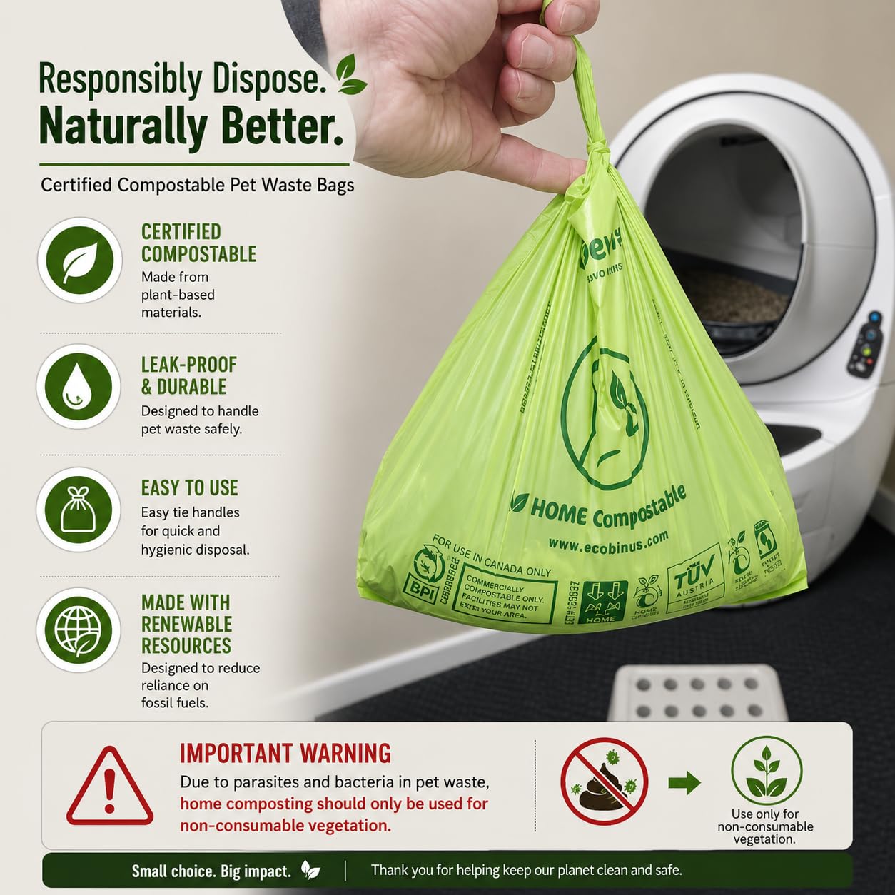 Bolsa de eliminación de residuos de mascotas 100% compostable (120 bolsas) a base de plantas para gatos y excrementos, bolsas de recogida de excrementos de perro con asas, sacos de pañales US BPI ASTM