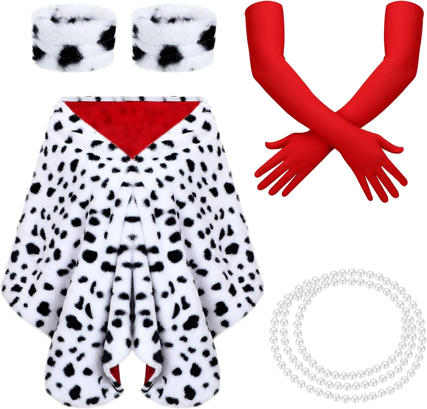 5 Pieces Halloween Dalmatian Shawl Set Women Faux Stole for Cosplay with 1920s Red Gloves Necklace Bracelet and Fake Stick Halloween Accessories for Adult