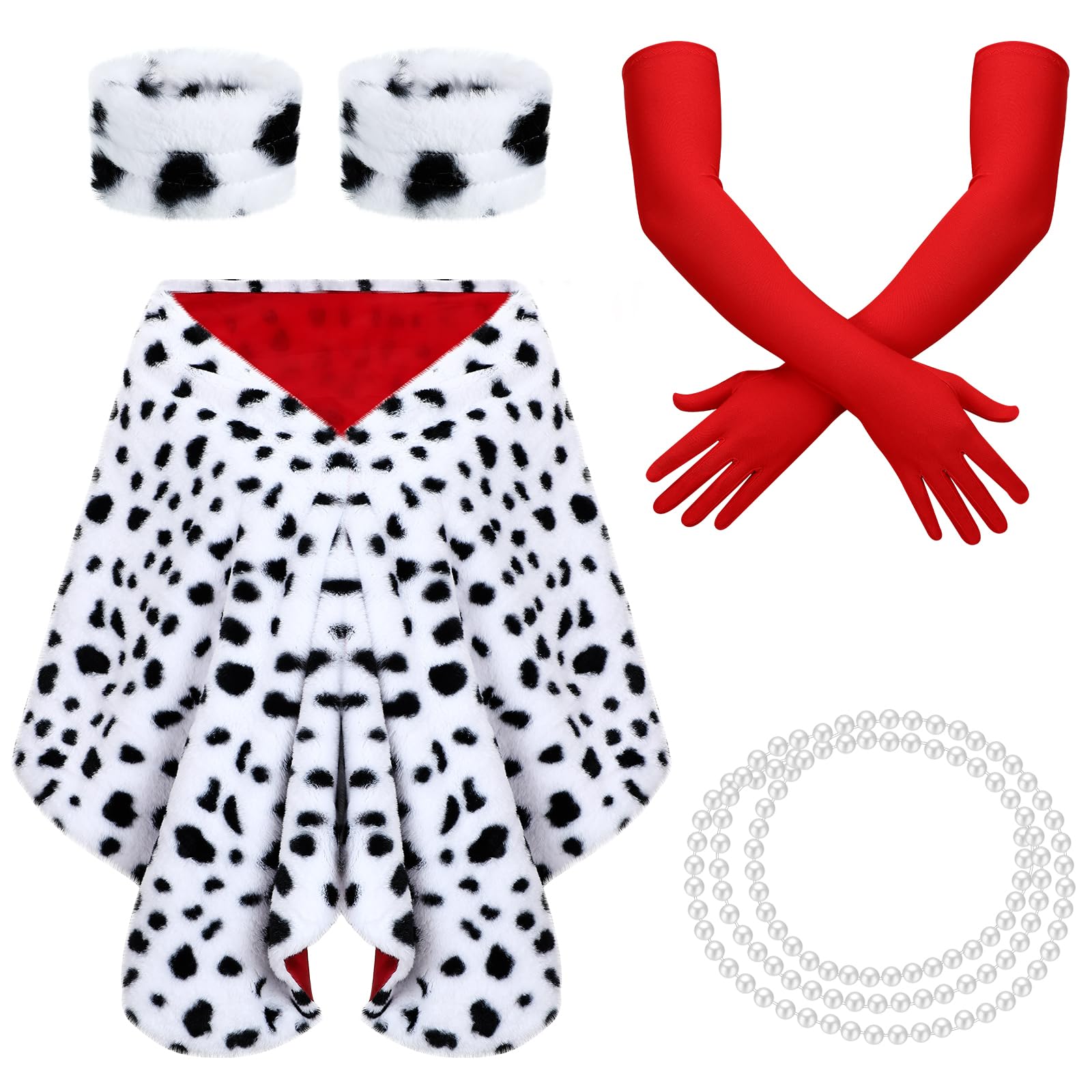 Tisancy 5 Pieces Halloween Dalmatian Shawl Set Women Faux Stole for Cosplay with 1920s Red Gloves Necklace Bracelet and Fake Stick Halloween Accessories for Adult