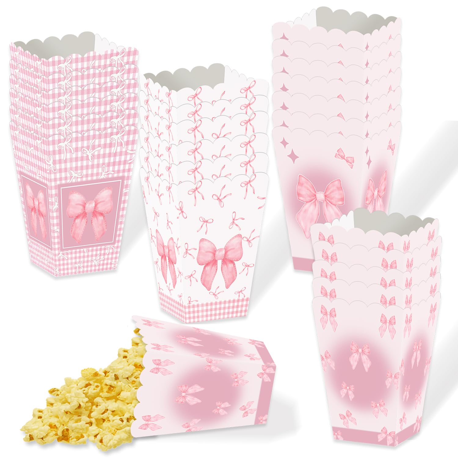 24 Pcs Pink Bow Popcorn Boxes Bow Party Favor Bags Popcorn Bags Coquette Bow Goodie Bags Bow Candy Bags for Girls Birthday Baby Shower Bachelorette Graduation Party Supplies