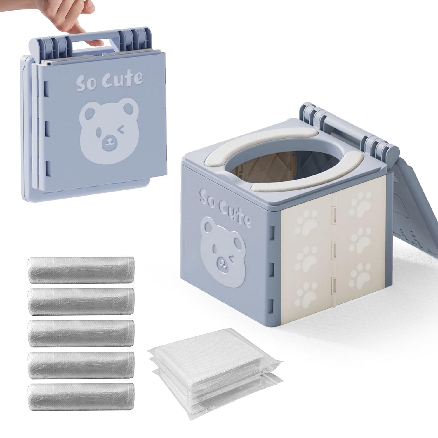 Soft Cushion Portable Toddler Travel Potty with Extra 60 Gel Pads & 5 Rolls Liners, All-in-One Travel Potty Set