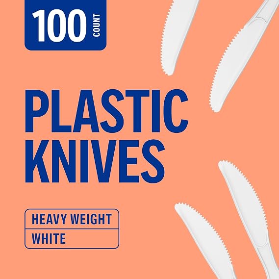 Perk HeavyWeight Plastic Knives, 100 Count Disposable Knives for Meals & Desserts, White