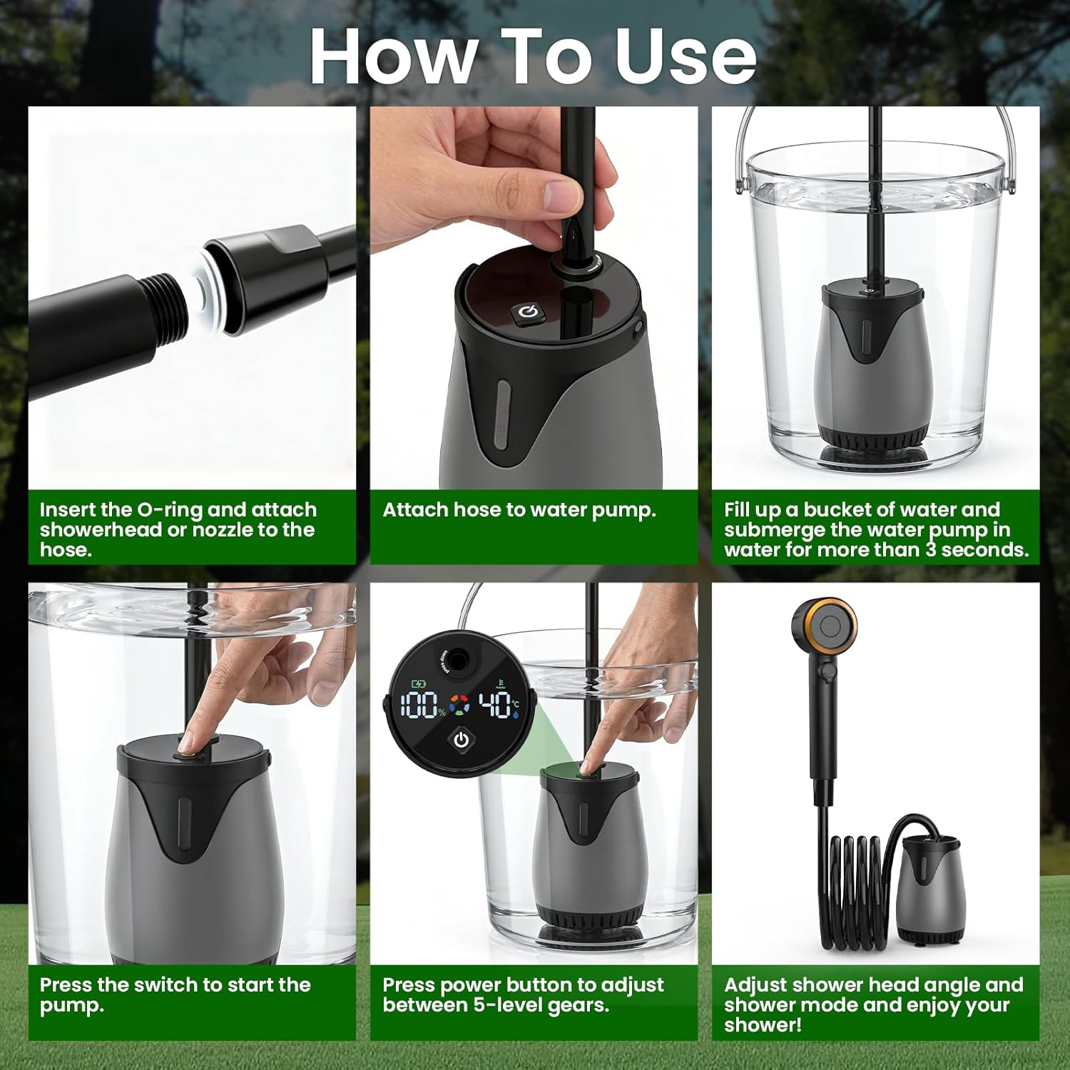 Portable Camping Shower Pump - 6000mAh Rechargeable Shower, 5 Pressure Levels & 4 Spray Modes, Smart Display, IPX8 Waterproof Pump for Beach, Pet, Car Wash & Outdoor Use