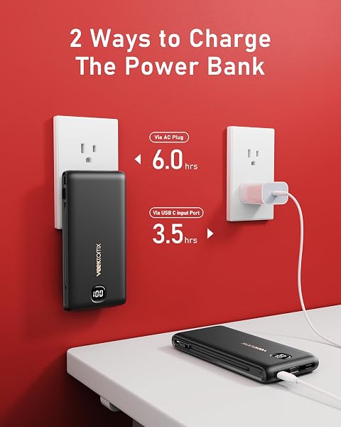 VEEKTOMX Portable Charger with Built in Cables 10000mAh, Power Bank for iPhone with AC Wall Plug, Fast Charging USB C Slim Battery Pack with LED Display Compatible with iPhone 17/16/15/14, Samsung - 5